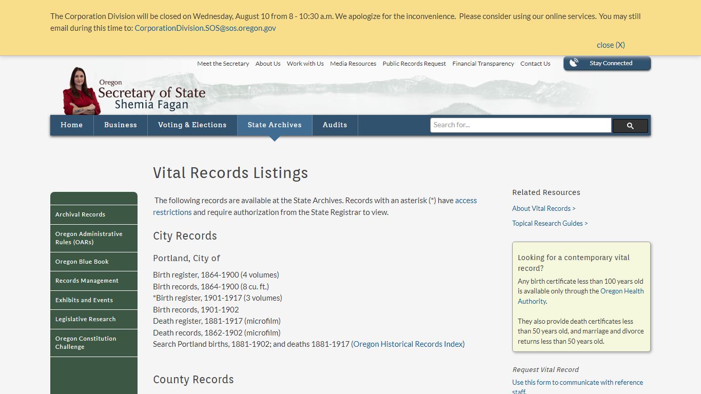State of Oregon: State Archives - Vital Records Listings